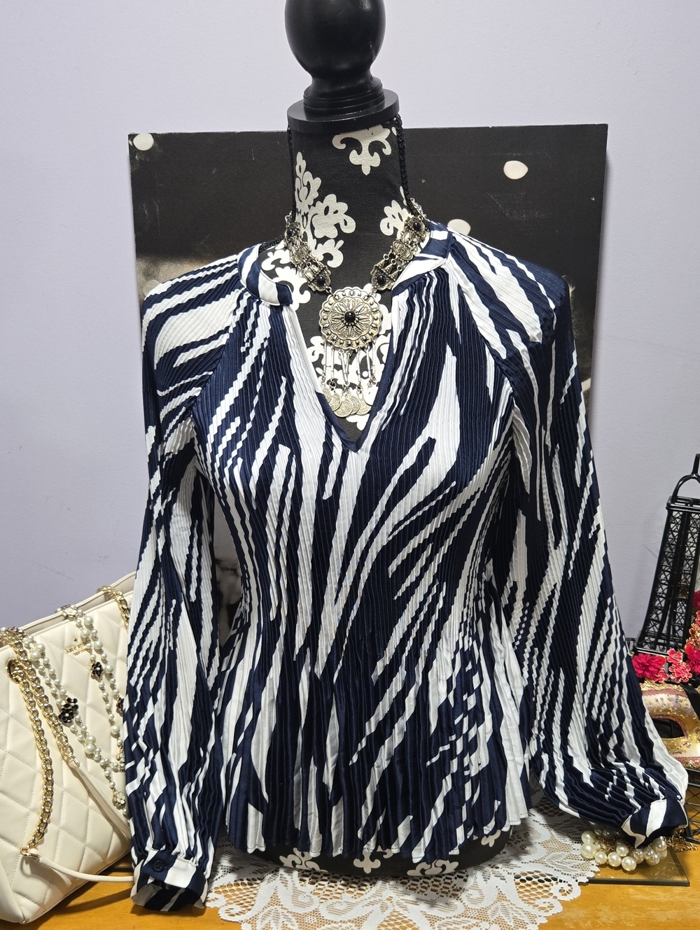 Banana Republic Navy and White Pleated Zebra-Print V-Neck Blouse